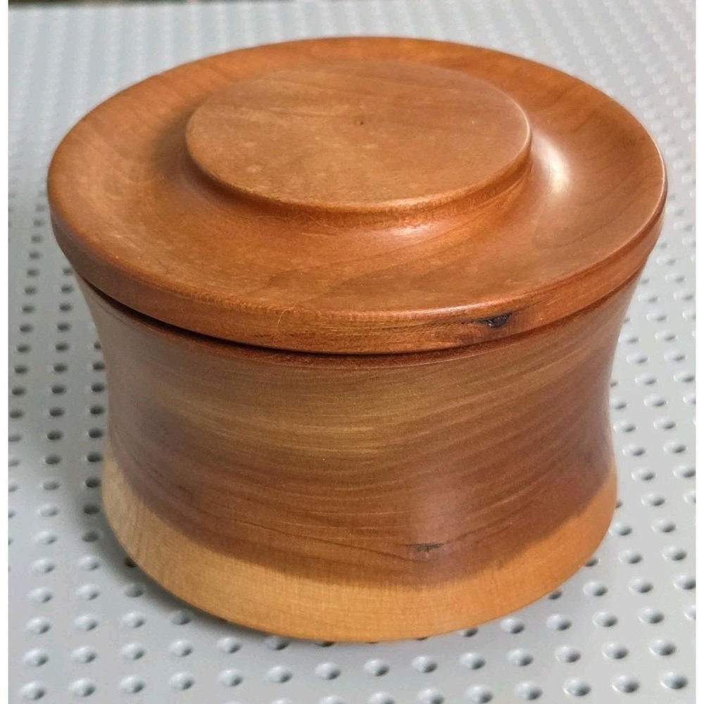 Vintage Black‎ Cherry Wood Round Trinket Stash Spice Box Container with Lid